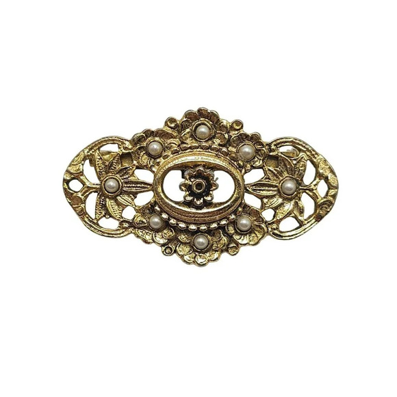 Faux Pearl Floral Bar Openwork Brooch Pin Gold Tone Vintage Retro - Picture 1 of 4